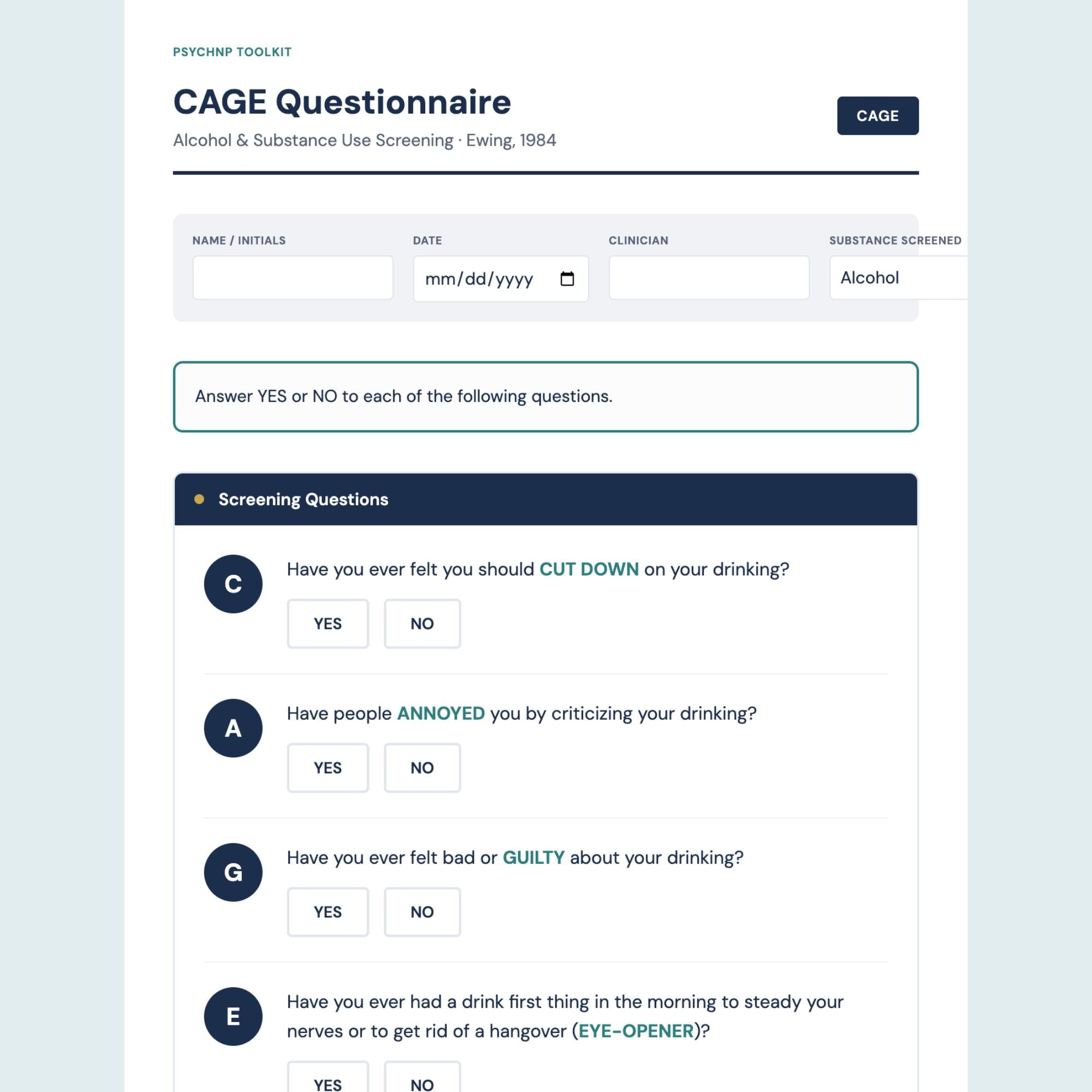 CAGE Questionnaire Interactive Template for PMHNP Therapist | Alcohol ...