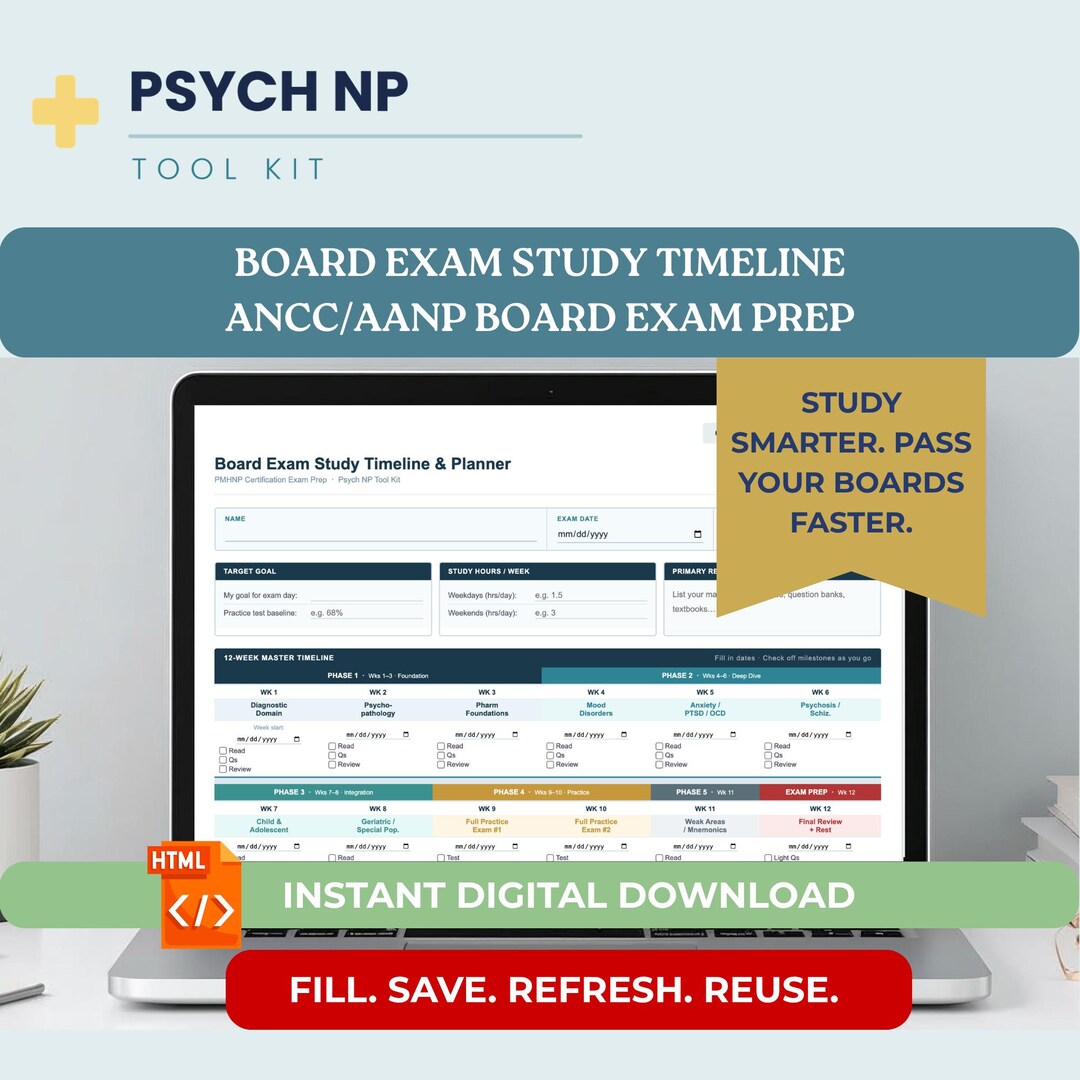 PMHNP Board Exam Study Planner Study Timeline Tracker Fillable ANCC AANP Psychiatric Nurse ...