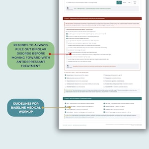 May include: A medical decision map document featuring a Mood Disorder Questionnaire and a Bipolarity Index. Two green callout boxes with red and gold lines point to sections titled REMINDS TO ALWAYS RULE OUT BIPOLAR DISORDER BEFORE MOVING FORWARD WITH ANTIDEPRESSANT TREATMENT and GUIDELINES FOR BASELINE MEDICAL WORKUP.