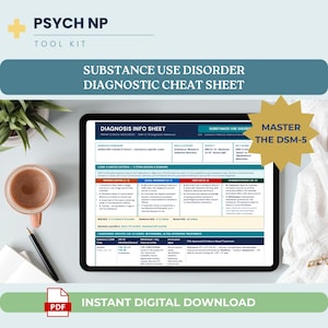 May include: A digital diagnostic cheat sheet for substance use disorder, displayed on a tablet. The screen shows detailed information, including criteria and treatments. The text "Instant Digital Download" and "Master the DSM-5" are also visible.