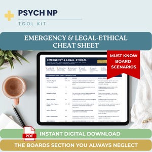 May include: A digital download product, the Psych NP Tool Kit, features an Emergency & Legal-Ethical Cheat Sheet on a tablet. The image includes a coffee cup, pen, and the text "Instant Digital Download".