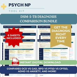 May include: A digital download bundle for mental health professionals. The image features comparison sheets for DSM-5-TR diagnoses, including OCD vs GAD, ADHD vs anxiety, and PTSD vs BPD. The bundle includes 6 sheets and is an instant PDF download.