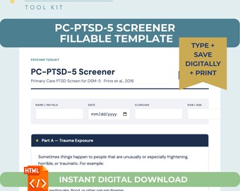 PTSD Screener Fillable Template for PMHNP Therapist | Post-Traumatic Stress Disorder Screening Tool DSM-5 Criteria Mental Health Template