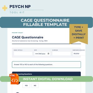 Op de afbeelding: Een digitale, invulbare CAGE-vragenlijstsjabloon voor alcohol- en middelenonderzoek. Het document bevat velden voor naam, datum en arts, met opties om screeningvragen met ja of nee te beantwoorden. Directe digitale download.