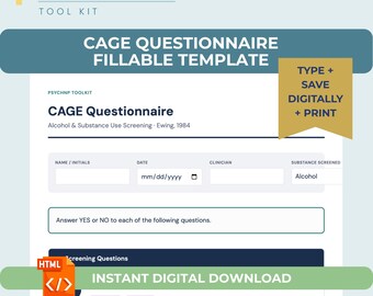 CAGE Questionnaire Interactive Template for PMHNP Therapist | Alcohol Screening Tool with Score Calculator Substance Use Screener