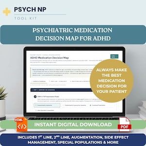 May include: A laptop screen displaying a Psychiatric Medication Decision Map for ADHD, featuring a gold circular badge with the text Always Make The Best Medication Decision For Your Patient. The interface includes sections for diagnosis and treatment.