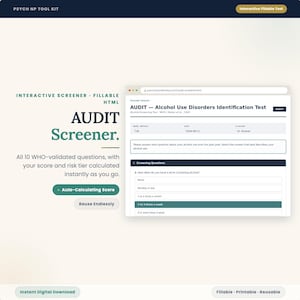 Pode incluir: Uma ferramenta digital interativa de rastreio AUDIT para identificar perturbações relacionadas com o consumo de álcool. A interface apresenta 10 perguntas validadas pela OMS com cálculo automático de pontuações e riscos.