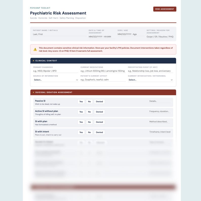 Psychiatric Risk Assessment Template Fillable PMHNP Suicide Safety Plan ...