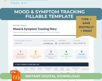 Mood & Symptom Tracker Fillable Template for PMHNP and Therapist | Mental Health Diary CBT DBT Bipolar Depression Anxiety Tracker