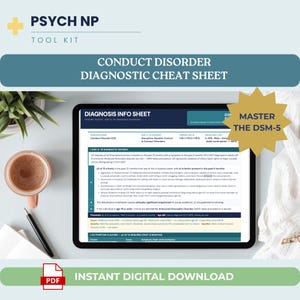 Può includere: Un foglio di trucchi diagnostico digitale per il disturbo della condotta, visualizzato su un tablet. L'immagine include il testo "Conduct Disorder Diagnostic Cheat Sheet" e "Instant Digital Download". Sono visibili anche una tazza di caffè e una penna.