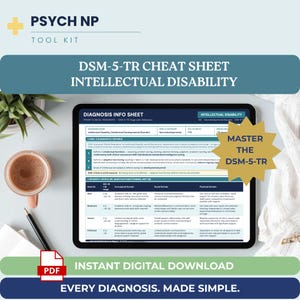以下が含まれることがあります： デジタルタブレットには、知的障害に関するDSM-5-TR診断情報シートが表示されており、診断基準と重症度レベルが記載されています。画面には「Master the DSM-5-TR」というテキストが書かれた金色の星型グラフィックが含まれています。