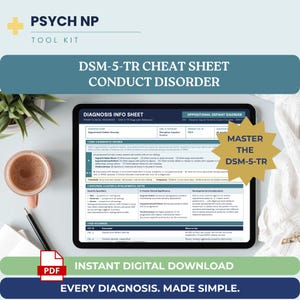May include: A digital tablet displays a Psych NP Tool Kit Diagnosis Info Sheet for Conduct Disorder and Oppositional Defiant Disorder, featuring DSM-5-TR criteria, ICD-10 codes, and clinical notes, with a gold star graphic stating Master the DSM-5-TR.