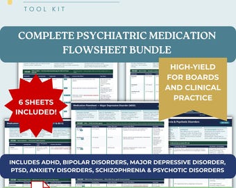 Psychiatric Medication Cheat Sheet Bundle Printable PMHNP Pharmacology Study Guide with Flow Charts
