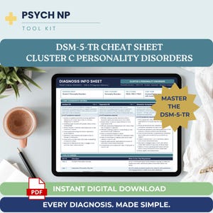 May include: A digital tablet displays a Psych NP Tool Kit diagnosis info sheet for DSM-5-TR Cluster C Personality Disorders. The screen shows diagnostic criteria and ICD-10 codes for avoidant, dependent, and obsessive-compulsive personality disorders.
