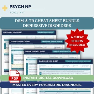 May include: A Psych NP Tool Kit bundle featuring four DSM-5-TR cheat sheets for depressive disorders. The documents include diagnosis info sheets for major depressive disorder, premenstrual dysphoric disorder, and persistent depressive disorder.