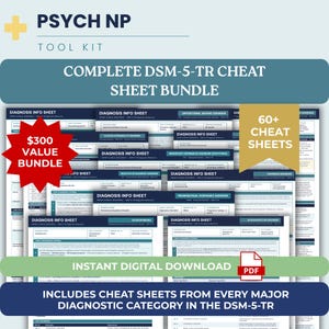 Peut inclure: Un ensemble numérique de plus de 60 fiches d'information sur les diagnostics DSM-5-TR pour les professionnels de la santé mentale. Les documents présentent des mises en page bleu et blanc avec des en-têtes comme PSYCH NP TOOL KIT et DSM-5-TR.