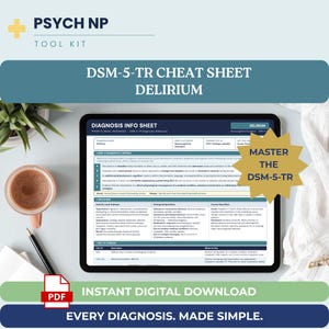 以下が含まれることがあります： デジタルタブレットには、DSM-5-TRの診断基準、特定用語、ICD-10コードを含む、せん妄に関するPsych NP Tool Kitの診断情報シートが表示されています。金色の星型のグラフィックには「Master the DSM-5-TR」と書かれています。テキストは明瞭です。