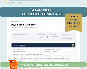 Psychiatric SOAP Note Template for PMHNP Mental Health Documentation Subjective Objective Assessment Plan Editable Template