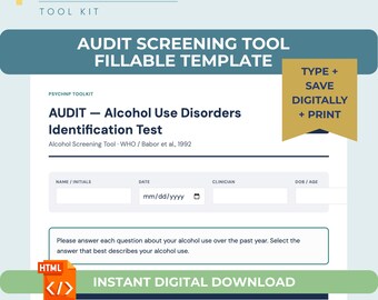 AUDIT Alcohol Screening Tool Interactive Template for PMHNP Therapist | Substance Use Questionnaire Score Calculator Template