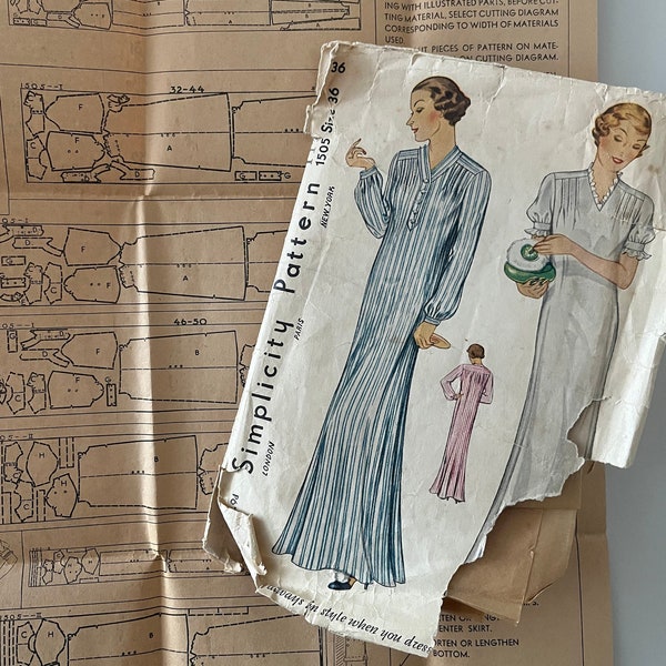 Original 1930’s Nightgown Sewing Pattern Simplicity 117 Bust 36