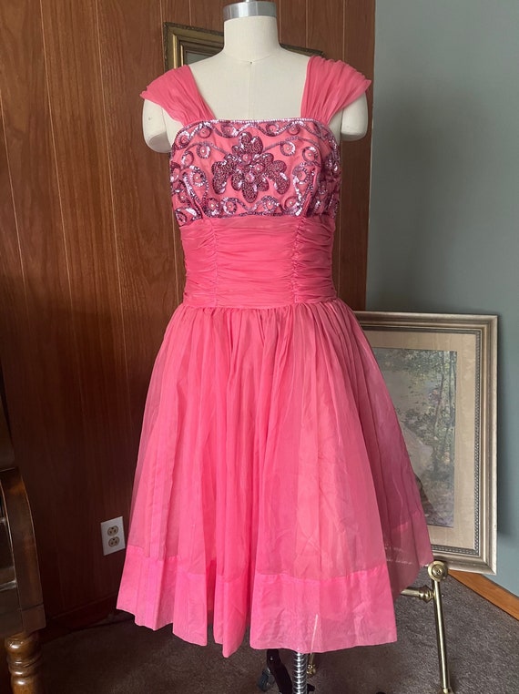 1950s Pink Ruched Sequin Party Dress as is