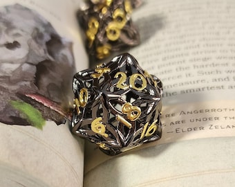 Celtic Night Metal DnD Dice Set, Hollow Silver and Gold Metal dice set for Dungeons and Dragons RPG, ttrpg