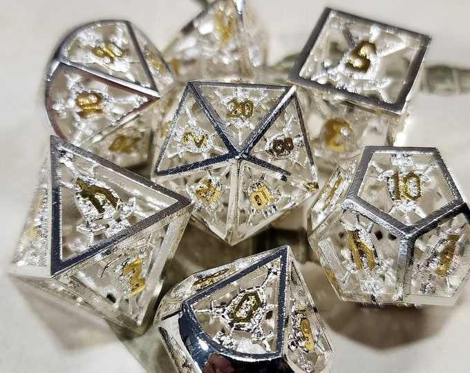 Radiant Shield Metal DnD Dice Set, Hollow Silver and Gold Metal dice set for Dungeons and Dragons RPG, ttrpg