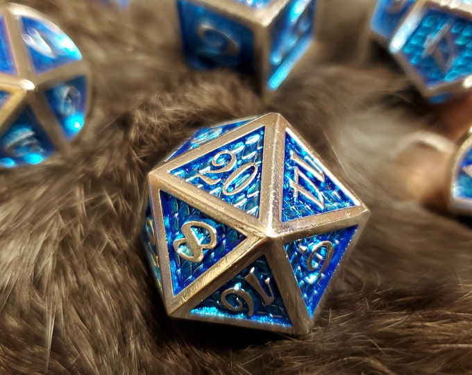 Blue Scale DNd DIce set, Metal dice , Polyhedral dice set for Dungeons and Dragons RPG, ttrpg -- solid metal & heavy!