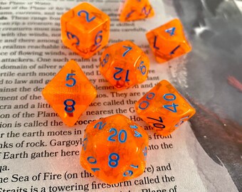 Vibrant Orange dnd dice set for Dungeons and Dragons, d20 colorful numbers clear polyhedral dice set critical role