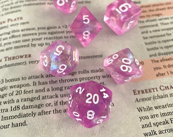 Vibrant Pink dnd dice set for Dungeons and Dragons, critical roll d20 clear acrylic 7 piece dice set TTRPG