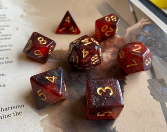 BURNING HANDS Dnd DIce SEt FOr DUngeons and DRagons RPG, Red and black galaxy nebula for tabletop role playing games