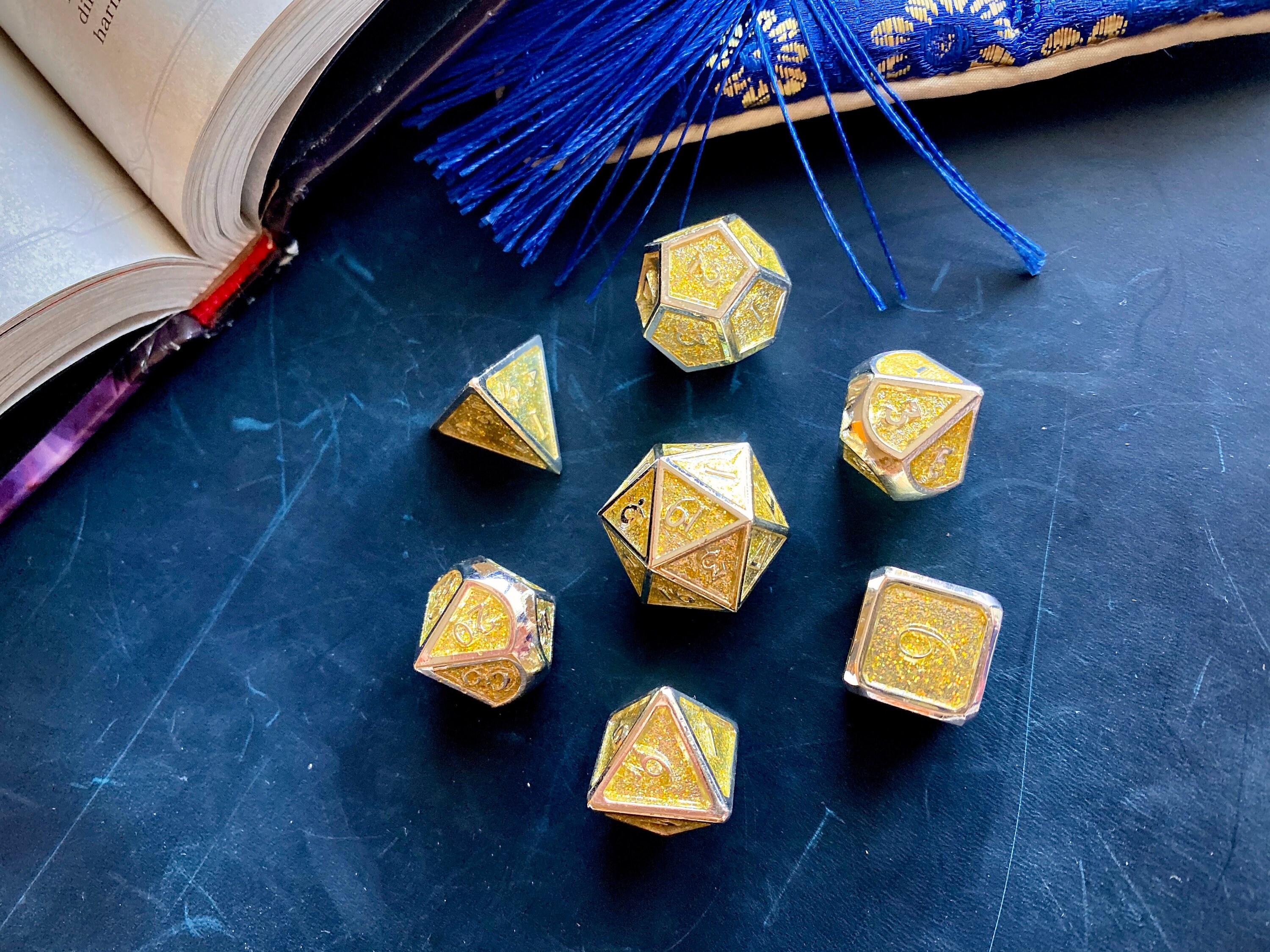 sunburst metal dnd dice set metal polyhedral dice set for dungeons dragons gold sparkles fans of dnd critical role pathfinder