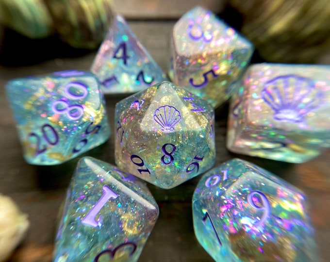 Glittery Dnd dice set, d20 Polyhedral dice set - Ocean Dungeons and Dragons dice- Sea Shell MERMAID Dice -glitter sparkle