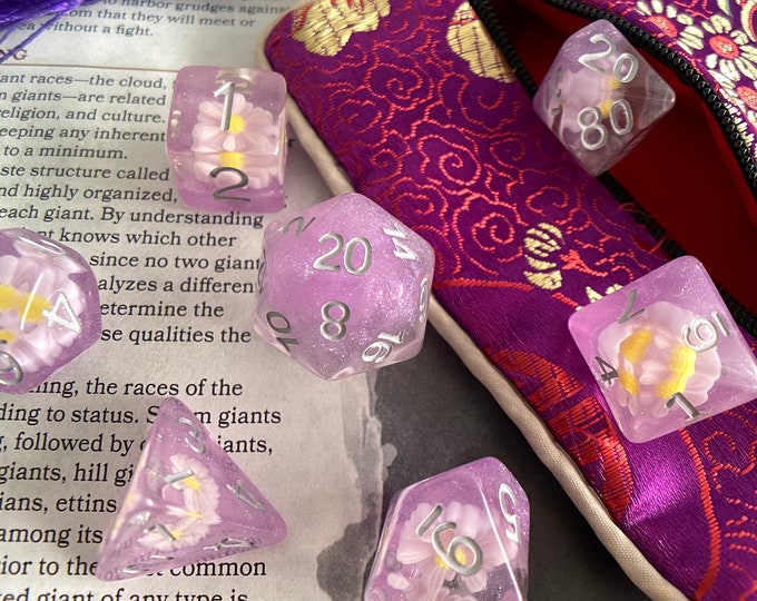 Purple Daisy dnd dice set 4 Dungeons and Dragons Critical Role - polyhedral flower floral druid dice