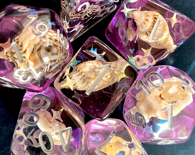 VIolet Waters SEA SHELL DNd DIce SEt For DUngeons And dragons TTRPg, Polyhedral D20 DiCe SEt -- REal SEa Shells INside!