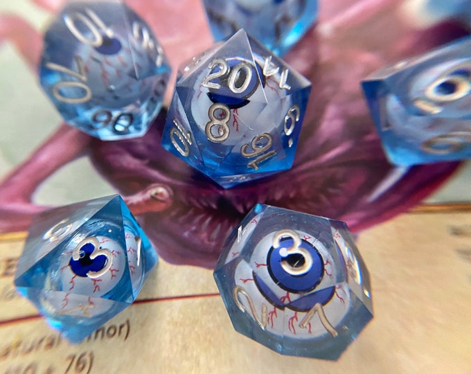 Beholder Eye DnD Dice Set Handmade Sharp Edge Liquid Core Eye Balls Blue Eyes