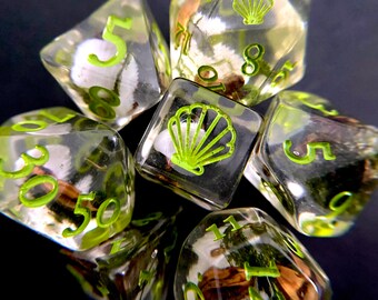 Seed Shell DNd Dice set for Dungeons and Dragons TTrpg, d20 Polyhedral dice set - real preserved MOSS & Seeds inside!
