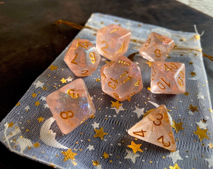 First Kiss DnD Dice Set for Dungeons & Dragons, d20 TTRPG Polyhedral Dice Set - Pink Tint with Rainbow Shimmer!!