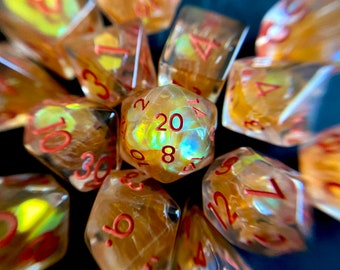 SUN Tears dnd dice set for Dungeons and Dragons, d20 Polyhedral dice set for TT RPG - incredible iridescent sparkles!