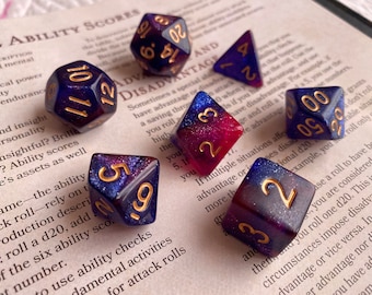 WISH dnd dice set for Dungeons and Dragons rpg,  ttrpg d20 polyhedral dice set - gorgeous purple, blue, pink galaxy dice!