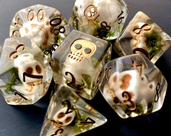 MOSSY BONES dnd Dice set 4 Dungeons and Dragons TTRpg, SKULL Polyhedral dice set for Tabletop role playing games - tiny bone skulls inside!