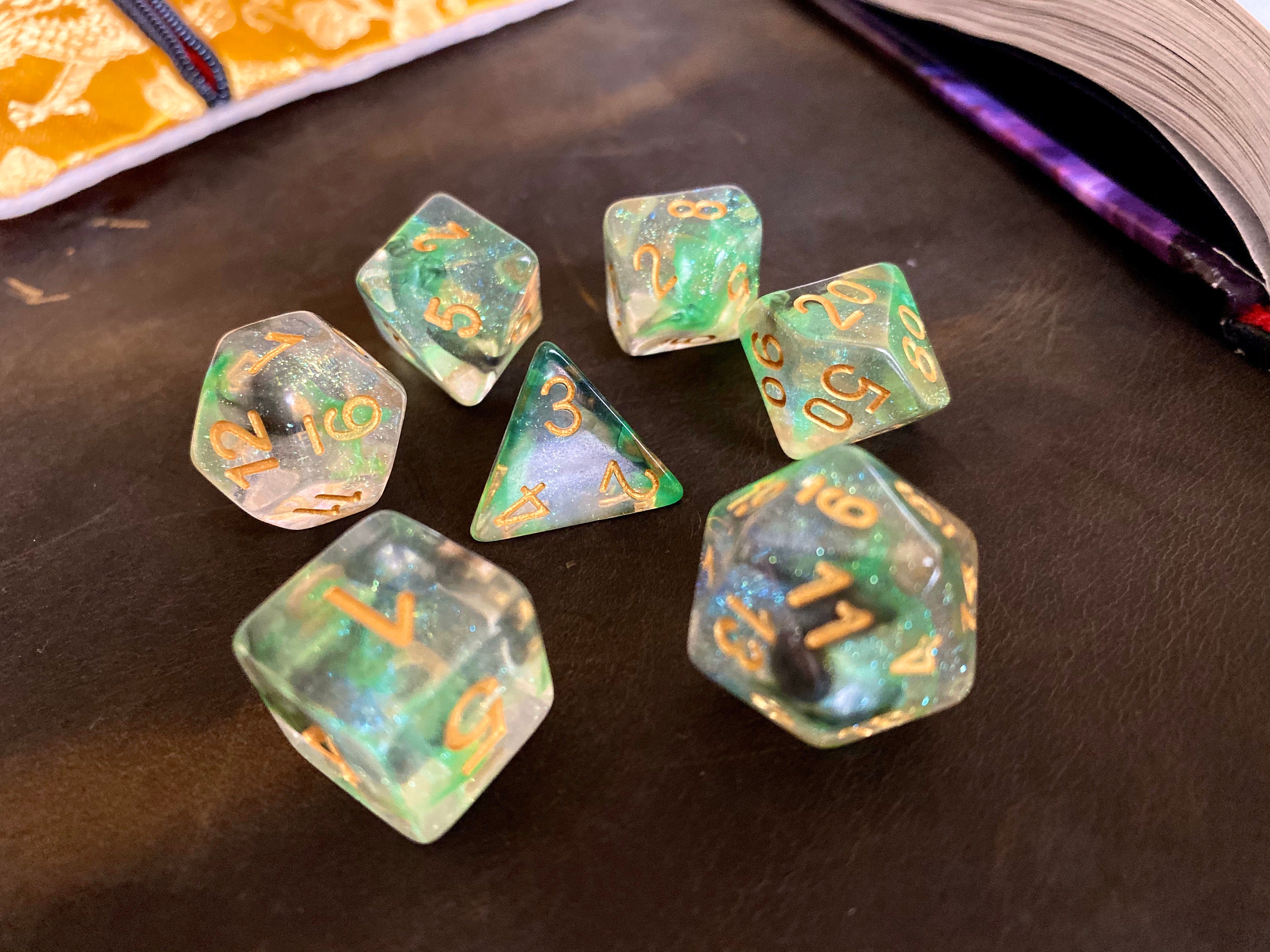 DnD Dice Set ACID SPLASH, D&D dice set, RPG DIce Set Green Black Ink