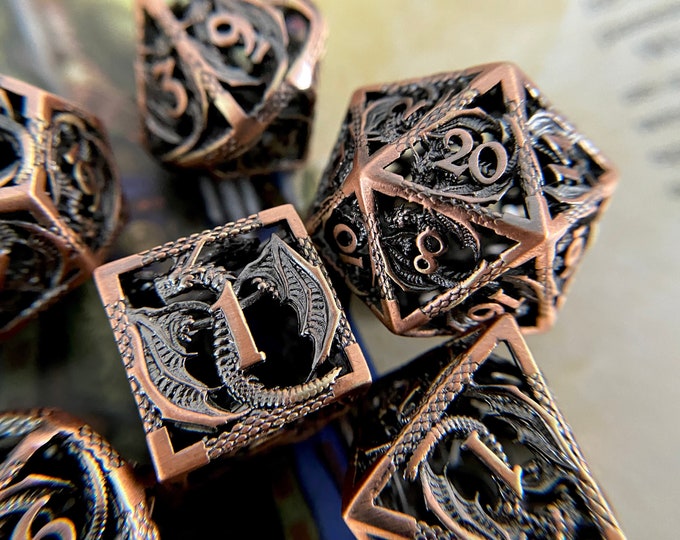 Dragon Lair Metal DNd DIce set, HOLLOW copper Metal dice set for Dungeons and Dragons RPG, ttrpg , big & Heavy