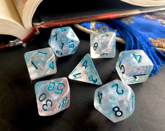 Wind Walker DnD Dice Set for Dungeons & Dragons, Polyhedral Dice Set for Pathfinder RPG, TTrpg -- Sky Blue Micro Sparkles and Whisps of Pink