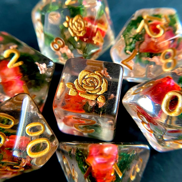 Rose Bud dnd dice set, Rose dice, flower dice, game dice set for Dungeons and Dragons, Tabletop games d20