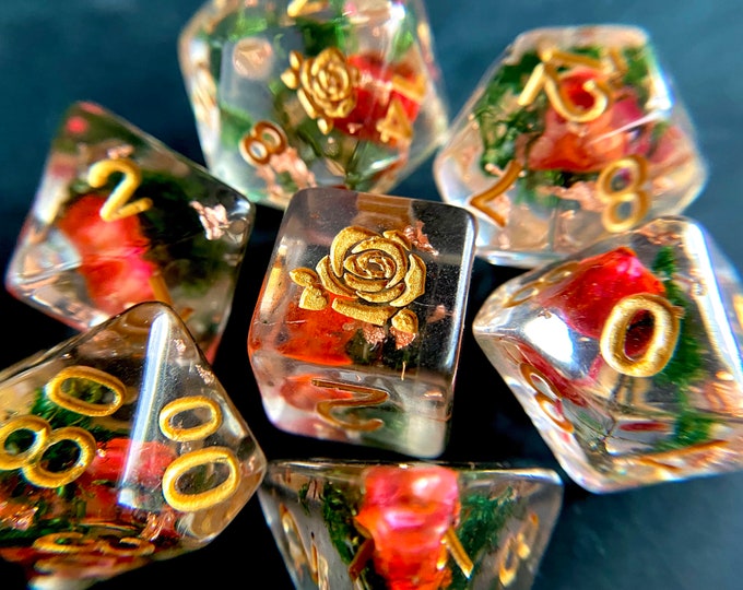 Rose Bud dnd dice set, Rose dice, flower dice, game dice set for Dungeons and Dragons, Tabletop games d20