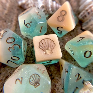 Sea N Sand Dnd dice set, d20 Polyhedral dice set - Dungeons and Dragons dice- Ocean Beach Mermaid Seashell Summer Shell