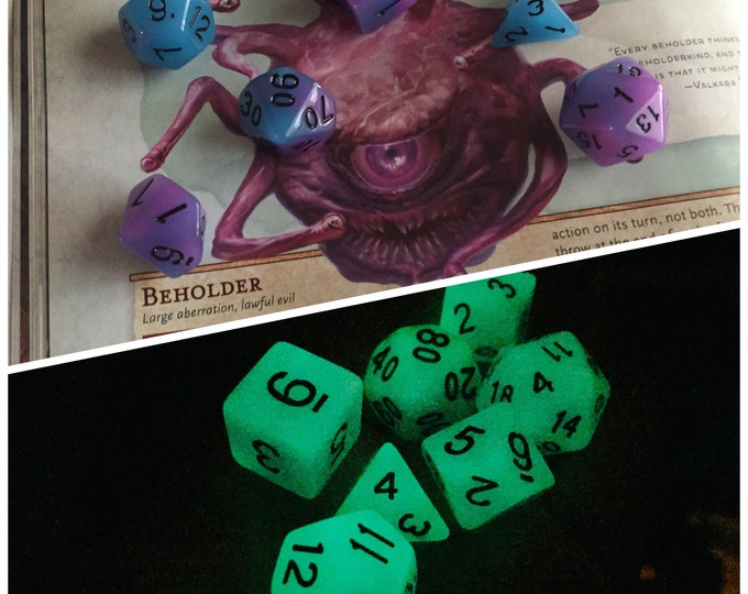 DnD Dice Set "Eye of the Beholder" Polyhedral Dice Set for Dungeons and Dragons. GLOWS in the dark!