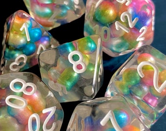 GUMBALL Dnd Dice Set for Dungeons and Dragons. Polyhedral Dice for Tabletop Role Playing Games. Rainbow Pink Gumball Beads Inside!