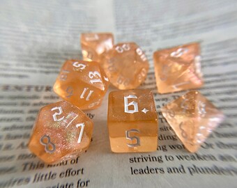 PEACH SHIMMER dnd dice set for Dungeons and Dragons, Critical Role polyhedral dice set fruit punch - celtic rune font